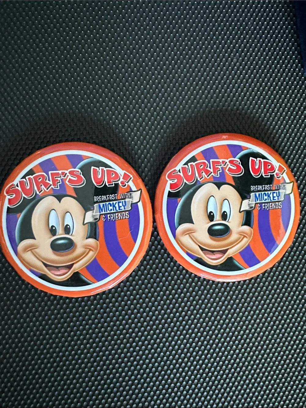 Set of 2 Surf's Up Orange & Purple Breakfast with Mickey & Friends buttons